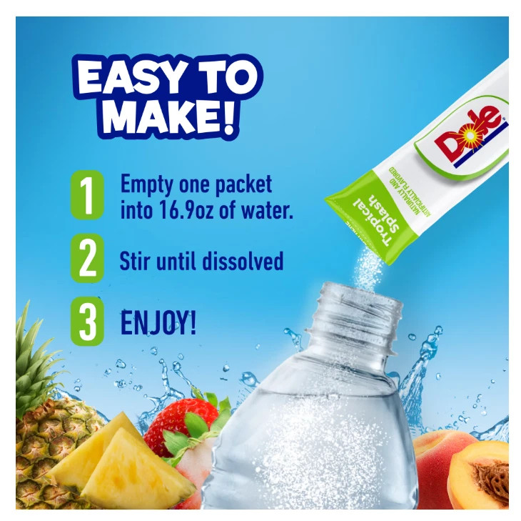 Dole Powder Drink mix variety Pack Tropical Peach Mango & Fruit Sugar Free 30 Ct