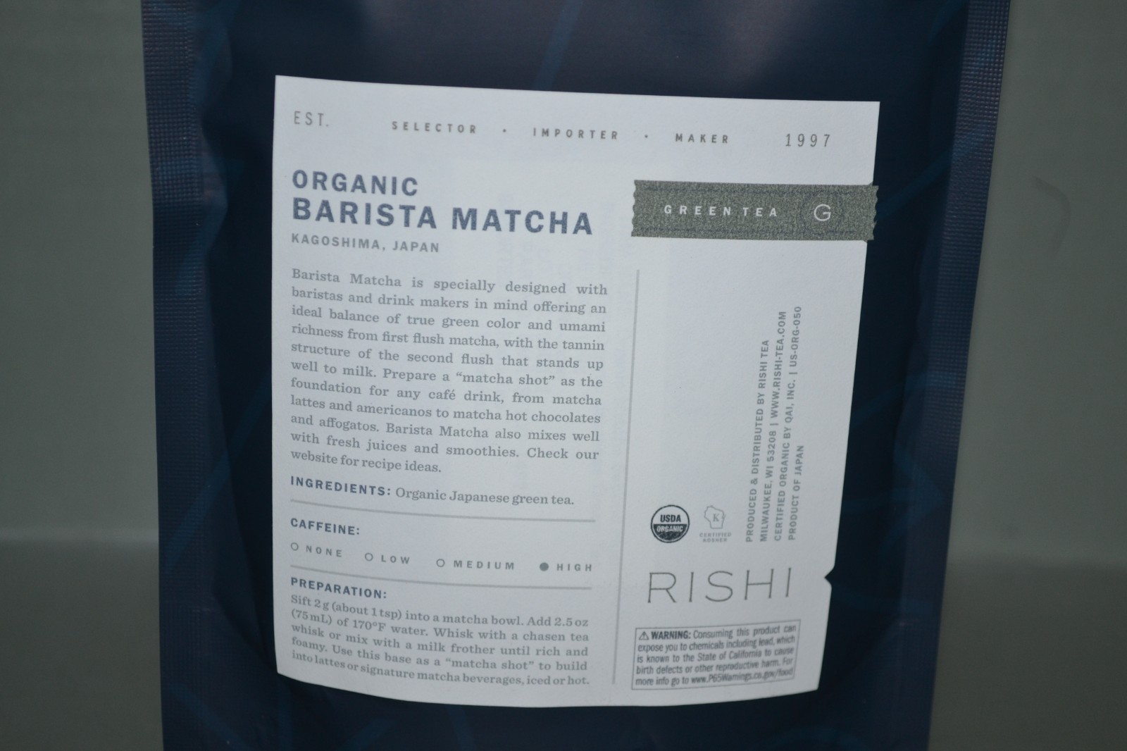 Rishi USDA Organic Barista Matcha Tea, 3.52 oz Powder, Best By 12/2027