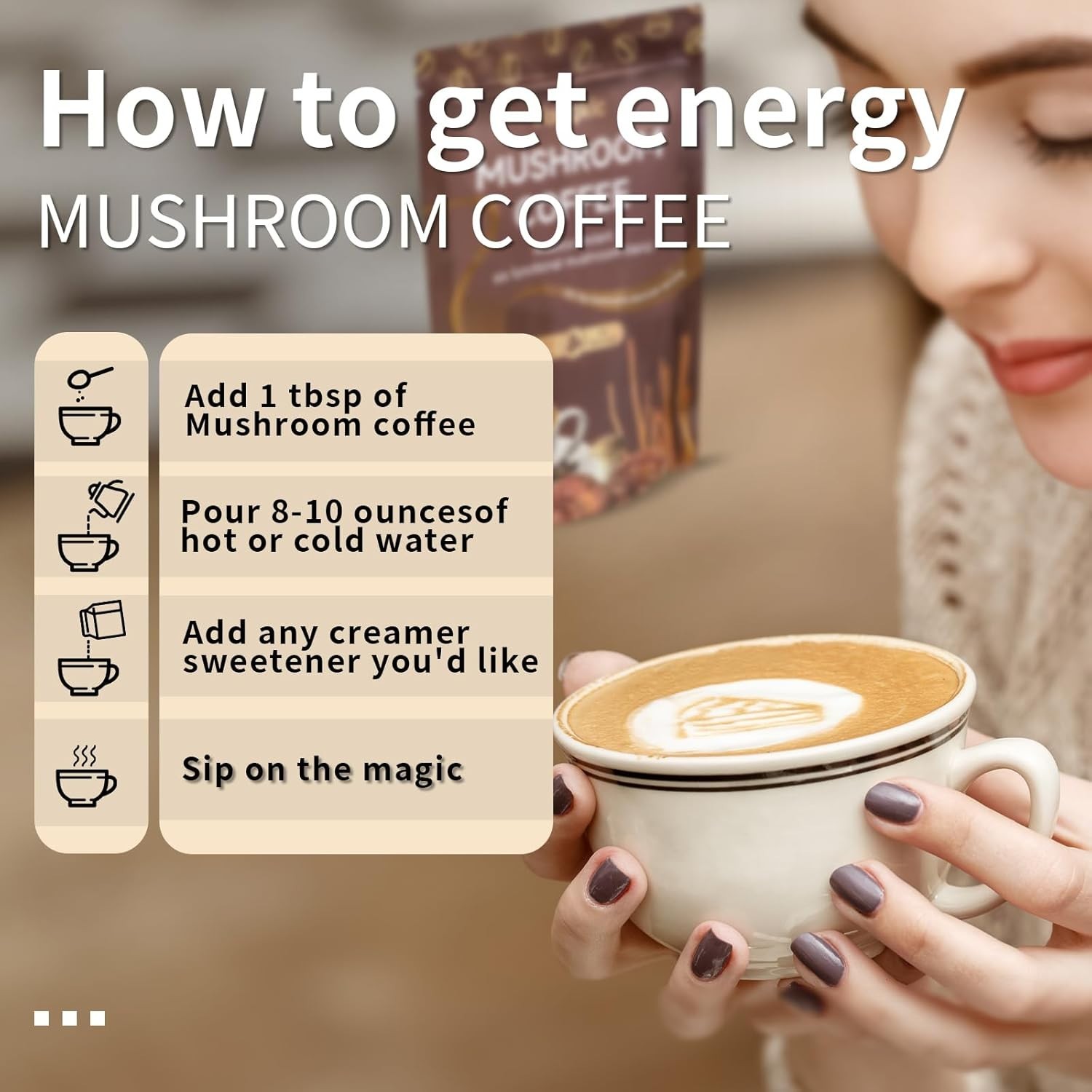 “Instant Organic Mushroom Coffee, 6.35oz (60 Servings) 6 in 1 Medium Roast Cof..