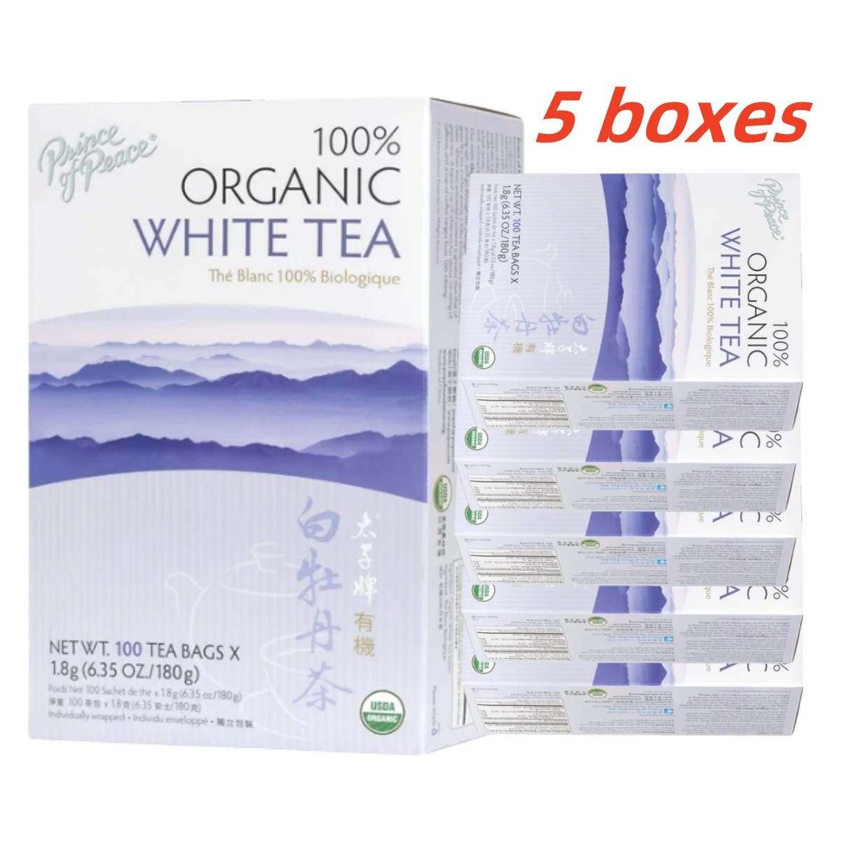 100% Organic White Tea- 5 Box-100 Tea Bags Each Box -Prince of Peace