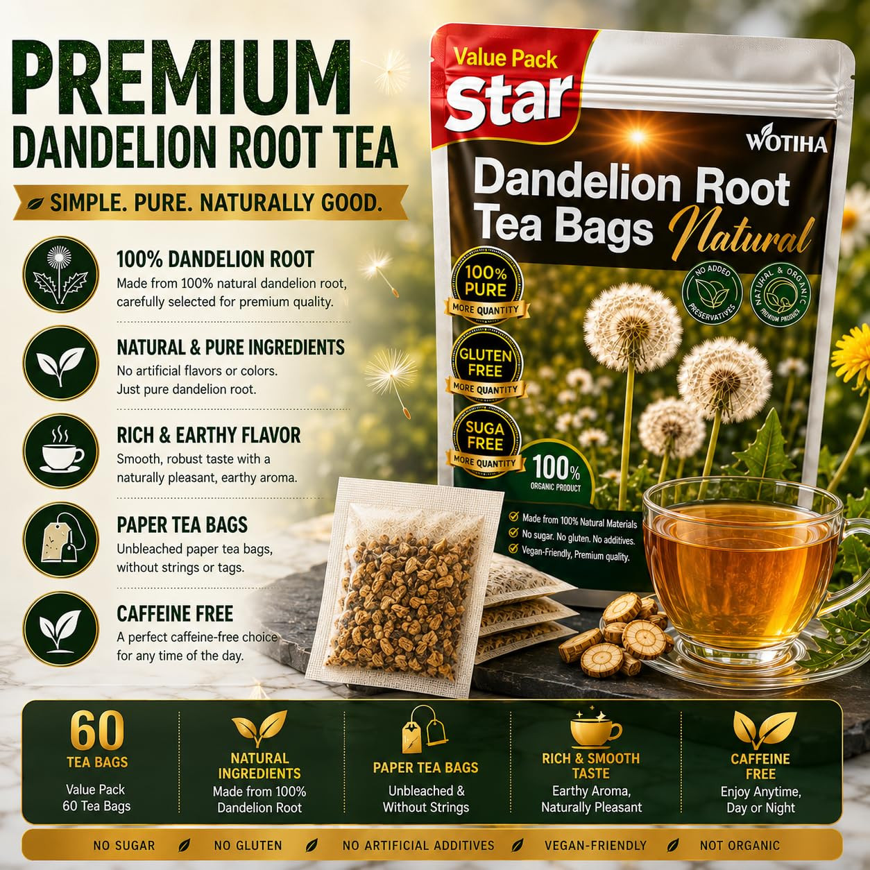 WOTIHA 60 Count Premium Dandelion Root Tea Bags – 100% Natural Roasted, Supports