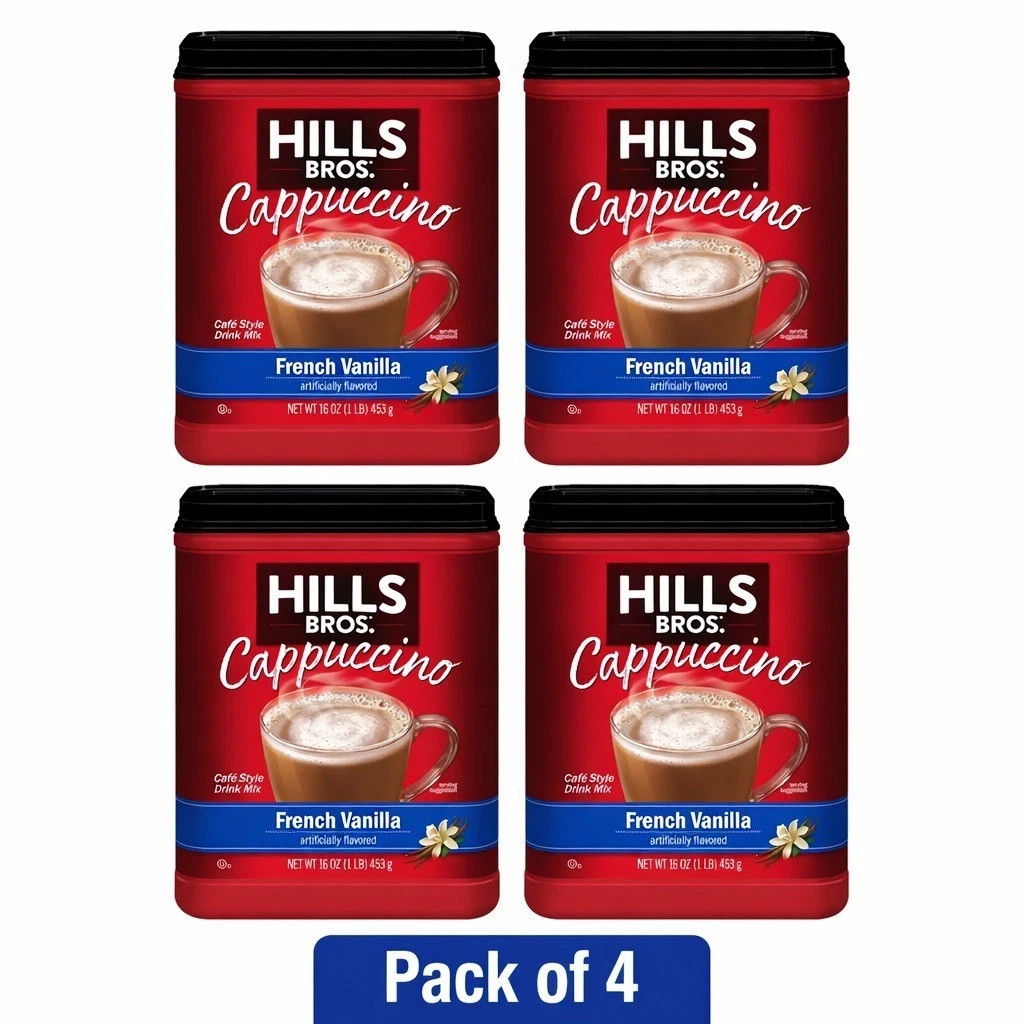 Hills Bros French Vanilla Cappuccino Instant Coffee Mix,16 Ounce Canister 4 Pack
