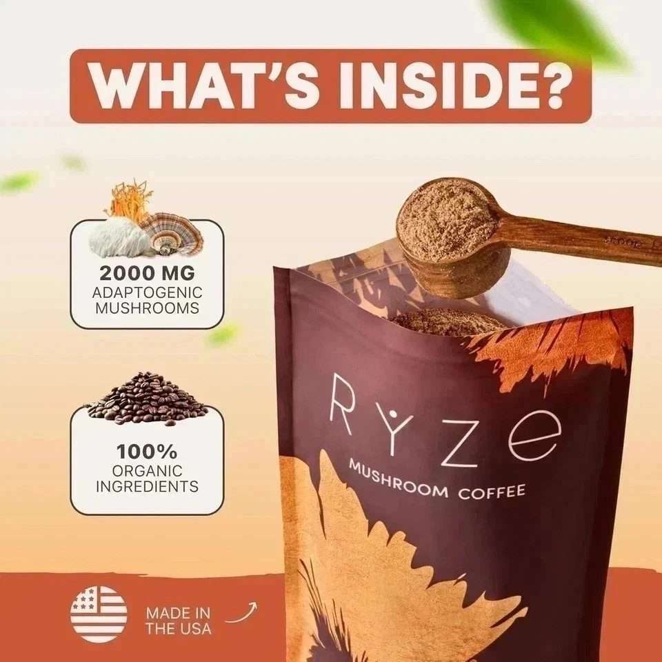 Bright & Smooth RYZE Organic Mushroom Coffee 30 Servings Instant Free Shipping