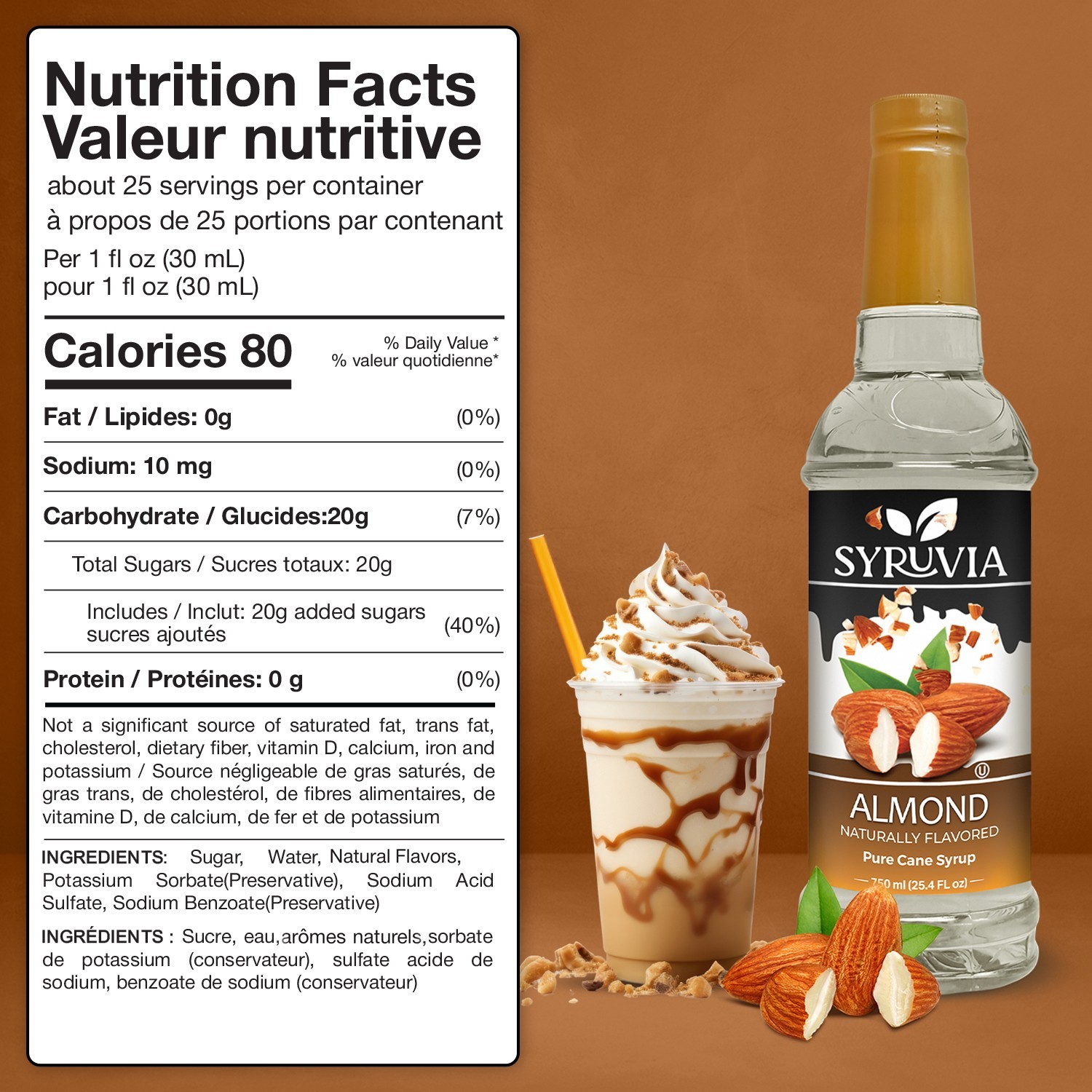 Syruvia Almond Syrup 25.4 fl oz, Kosher, Gluten-Free for Coffee, Desserts & More