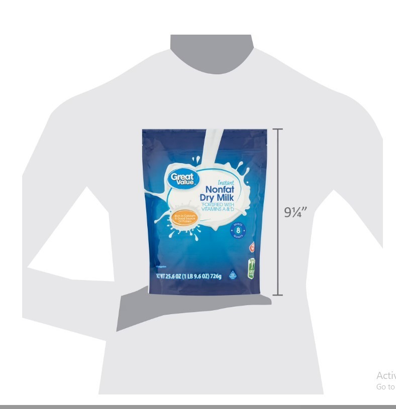 2 BAG Great Value Instant Nonfat Dry Milk, 25.6 oz, Bag