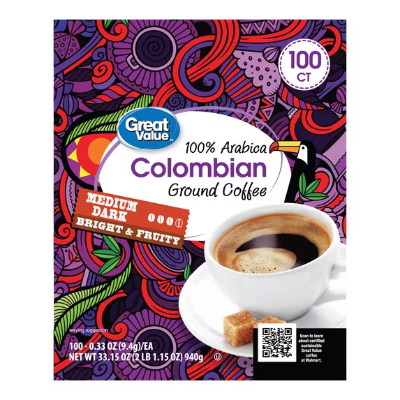 Great Value 100% Arabica Colombian Medium Dark Roast Coffee Pods 100 Ct K-Cups