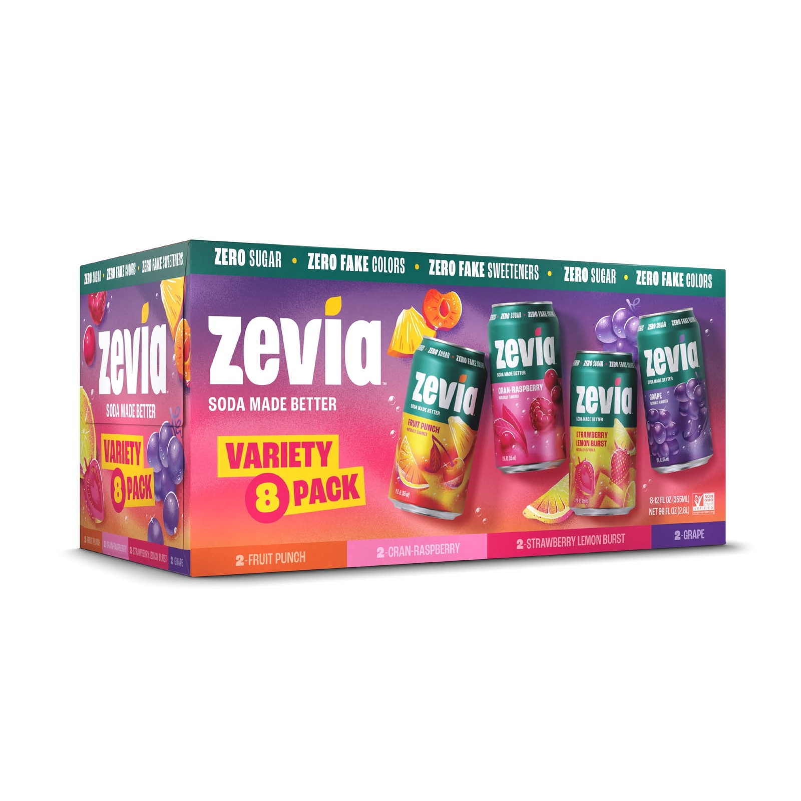 Zevia Zero Sugar, Caffeine-Free Fruity Variety Soda, 12 fl oz, 8 Pack Cans