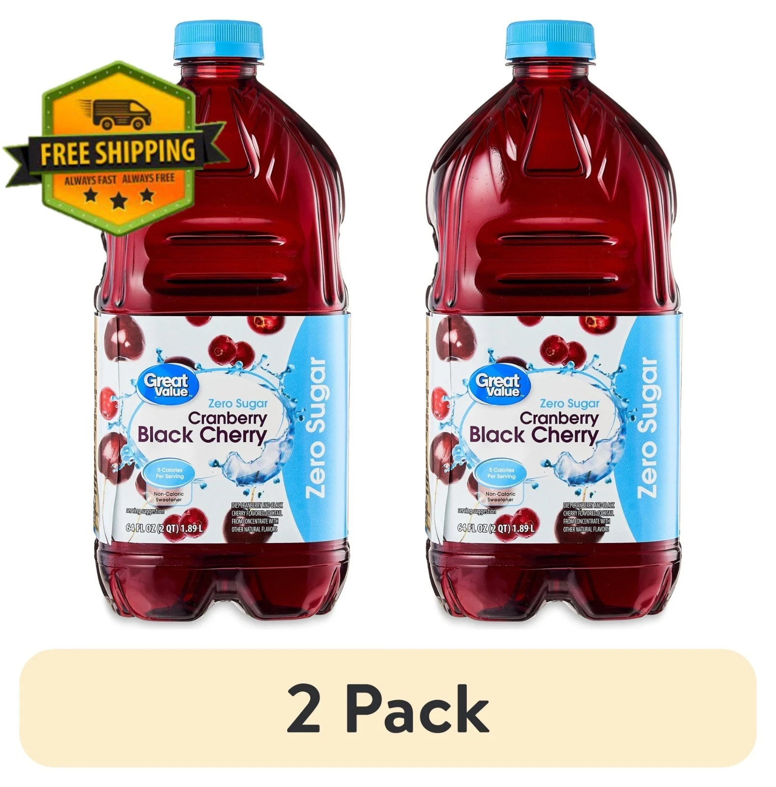 Great Value Zero Sugar Cranberry Black Cherry Cocktail 64 fl oz Bottles (2-Pack)