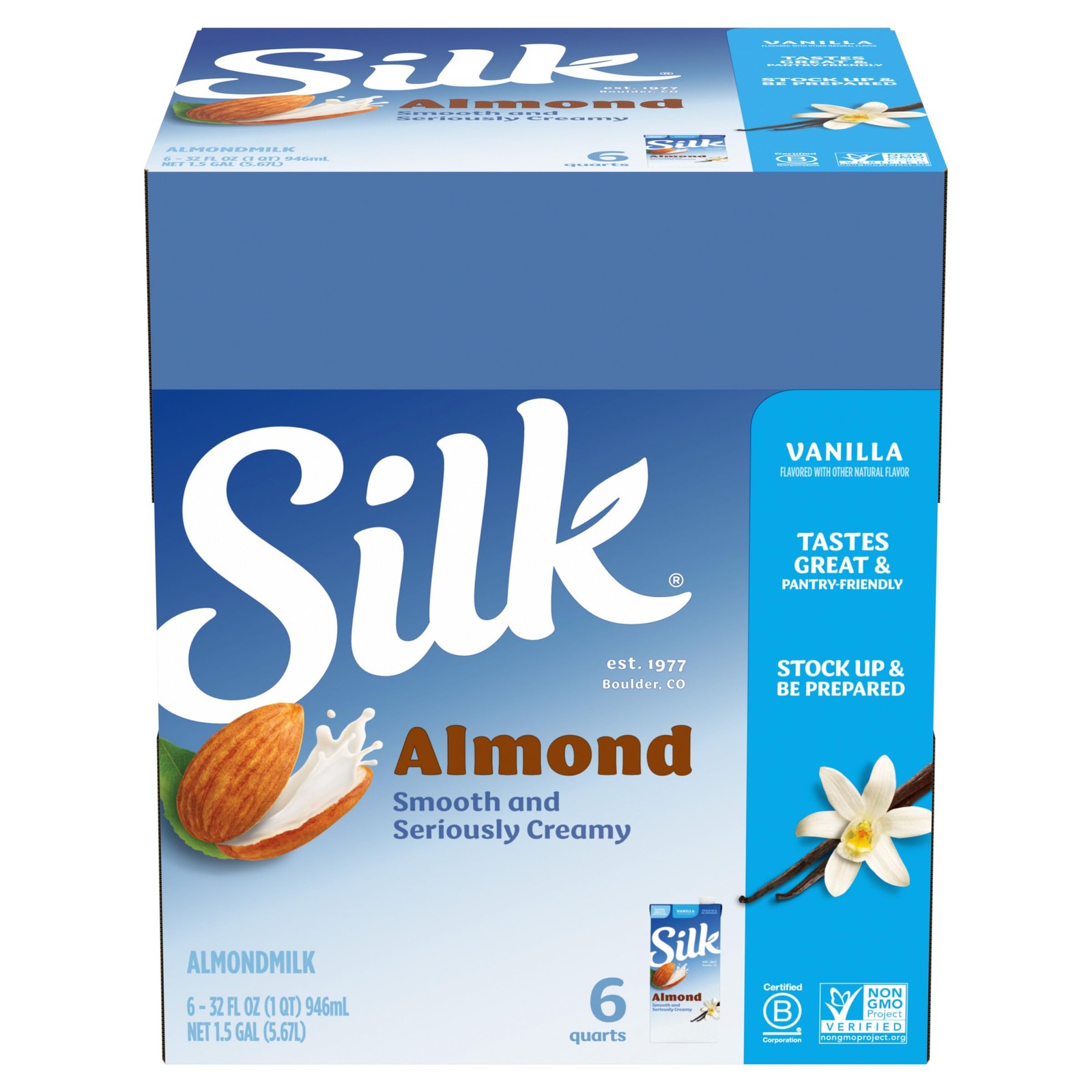 Shelf-Stable Almond Milk, Vanilla, 32 Fl Oz (Pack of 6), Blue