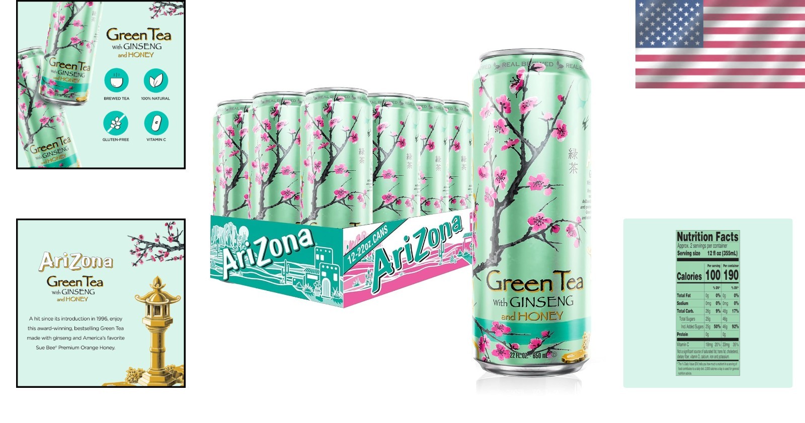 Ready-to-Drink Green Tea with Honey & Ginseng – 264 Fl Oz, 12 Convenient Cans