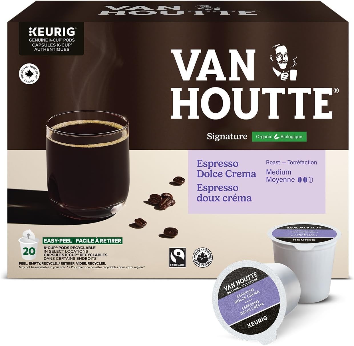 Van Houtte Espresso Dolce Crema Organic Fairtrade K-Cup Coffee Pods, 20 Count Fo