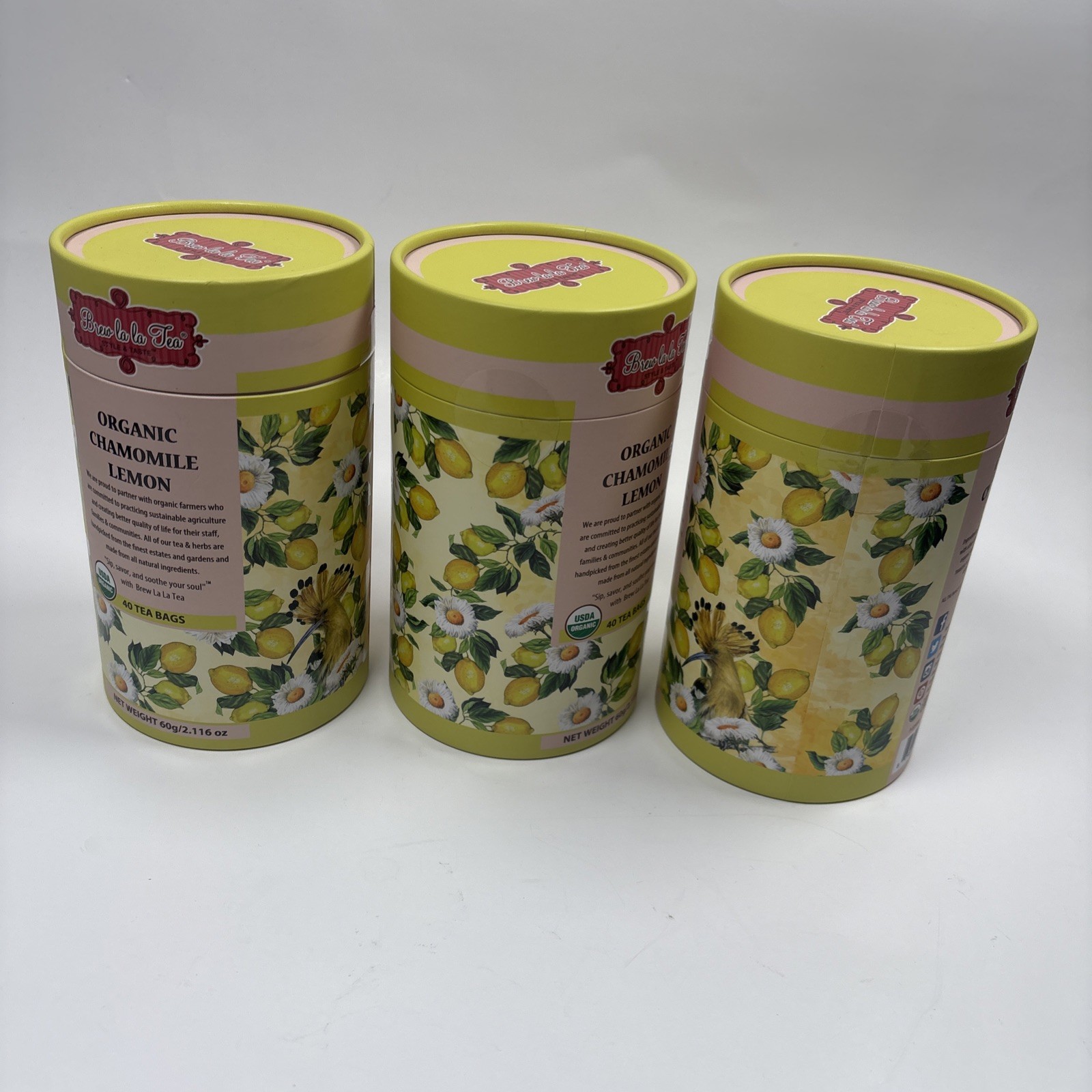 BREW LA LA 🫖 ORGANIC CHAMOMILE LEMON GREEN TEA 🫖 3 Containers = 120 Tea Bags