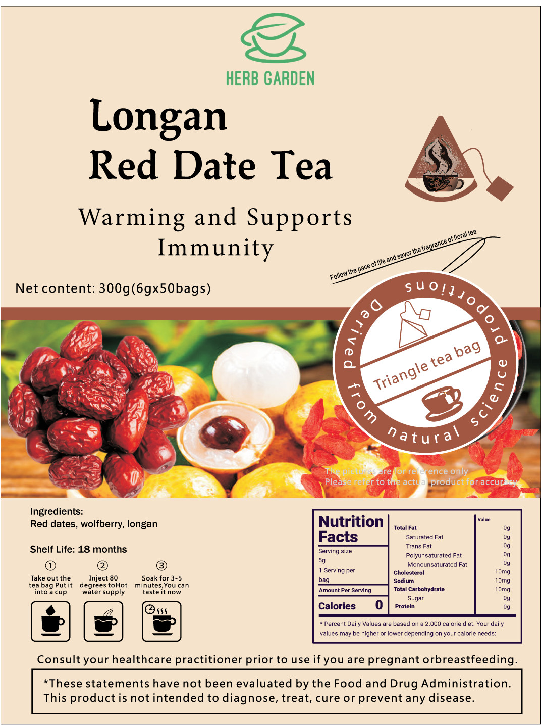 Longan Red Dates Tea Jujube Tea with Dried Wolfberry Longan 300g (6gx 50Teabags)