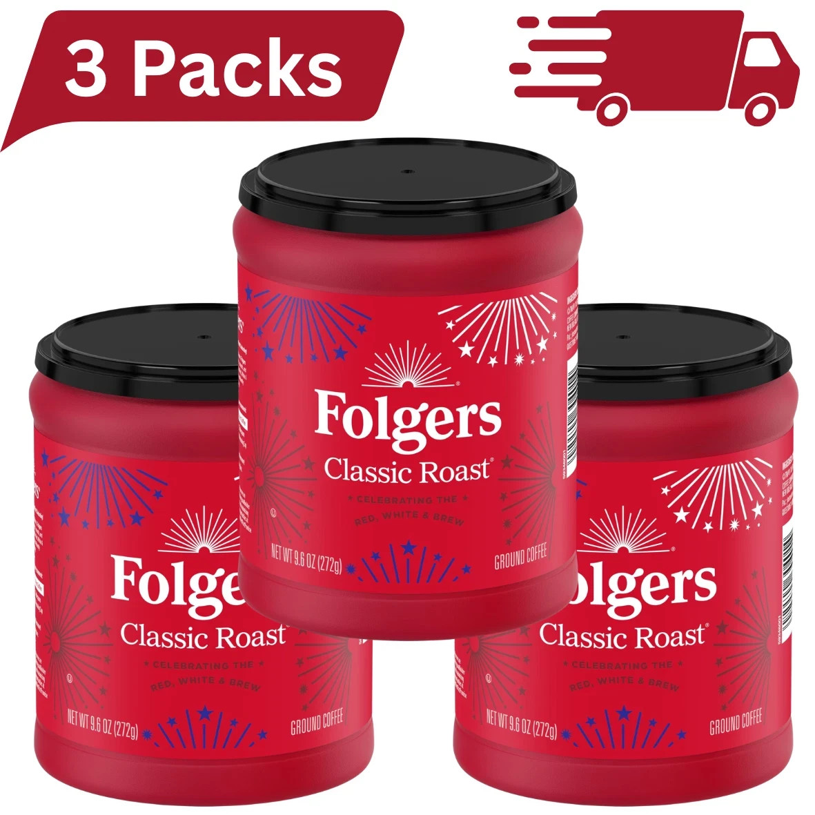 (3 PACK) Folgers Classic Roast Ground Coffee, Medium Roast, 9.6 oz Canister