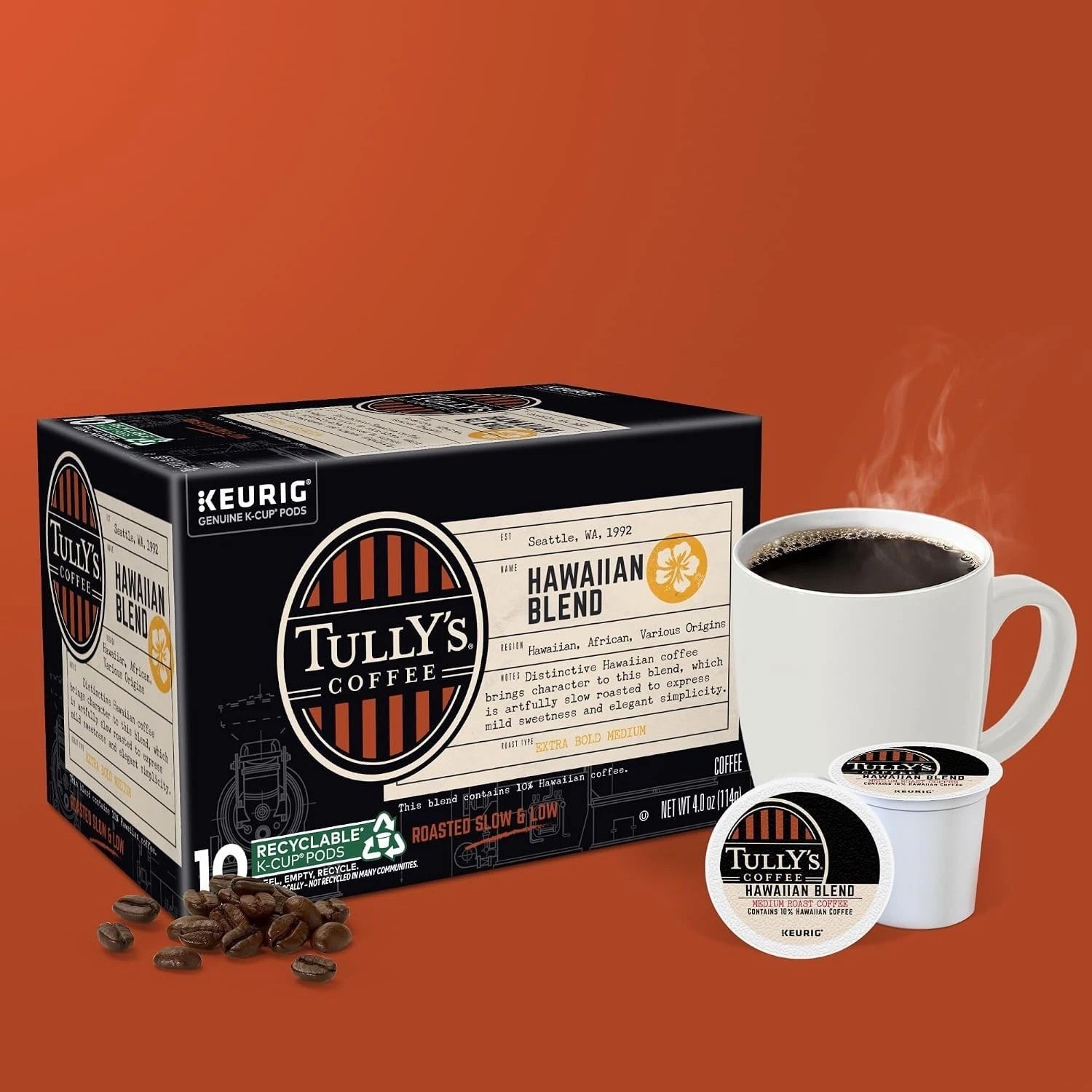 Tully’s Hawaiian Blend Coffee Pods – Medium Roast, Caffeinated K-Cups (60 Count)