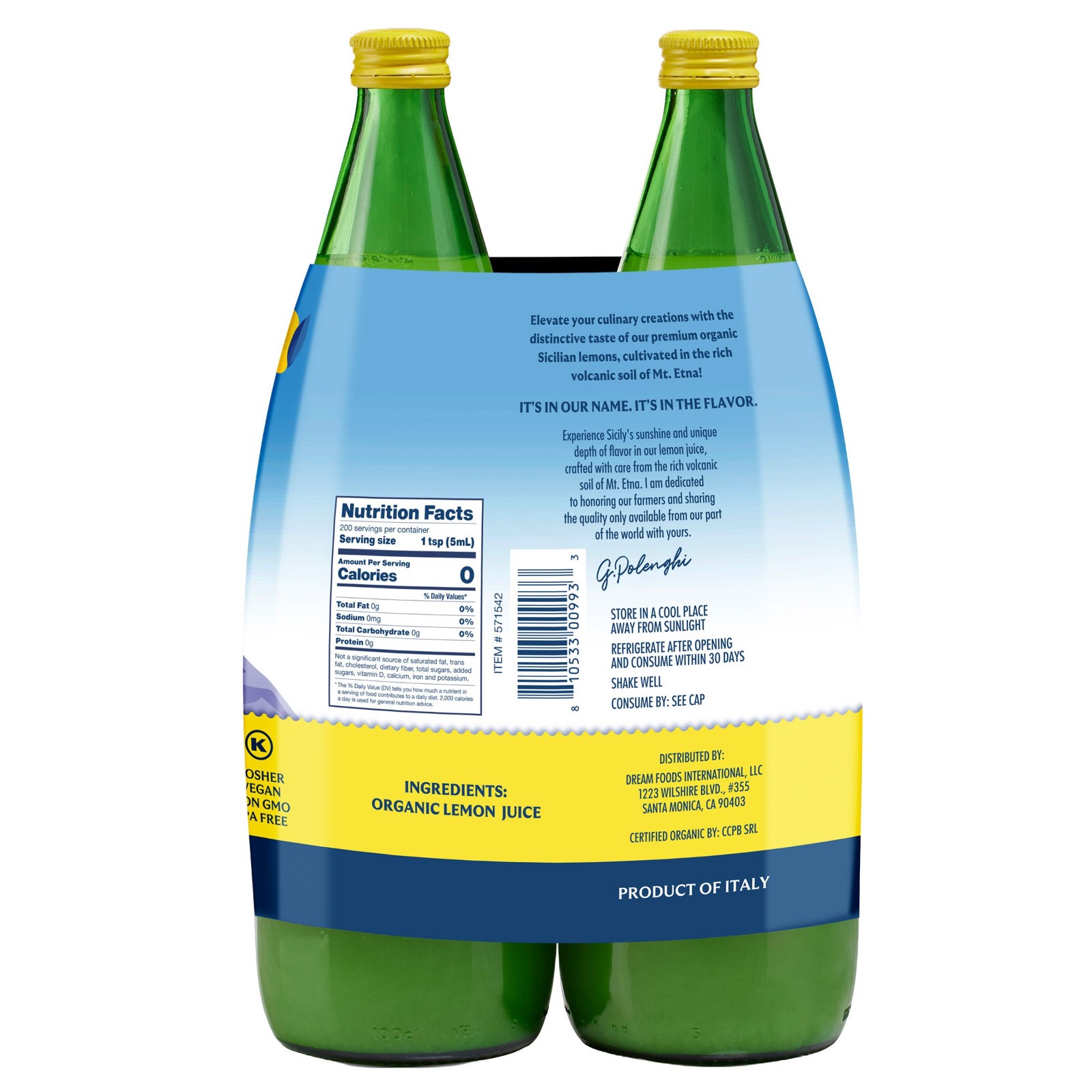 Italian Volcano Organic 100% Lemon Juice Glass Bottles, 1 L (33.8 fl oz), 2-pack