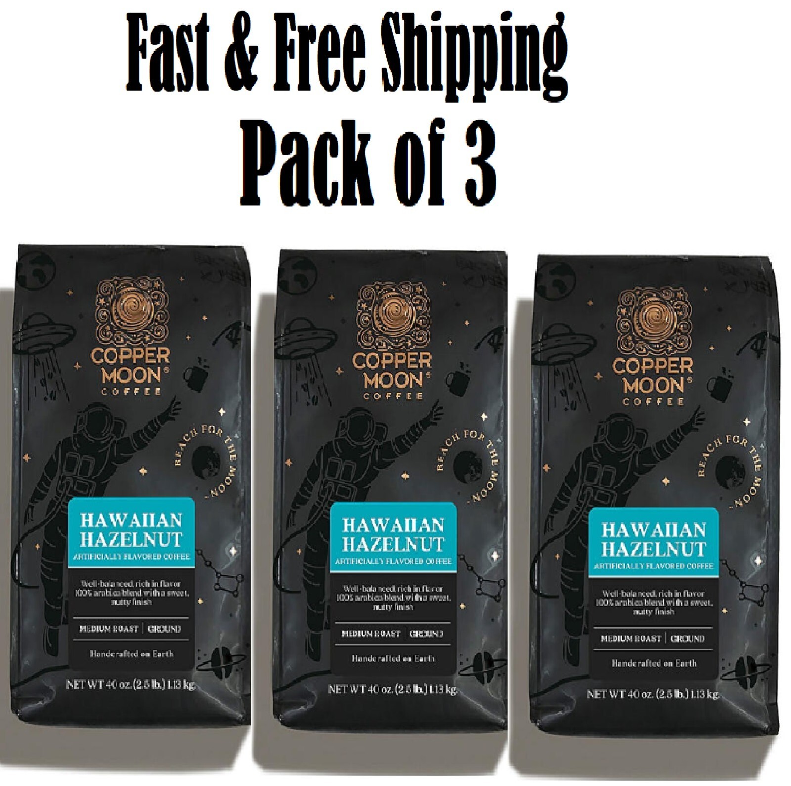 Copper Moon World Coffee Hawaiian Hazelnut Ground Medium Roast 2.5 lbs -3pk