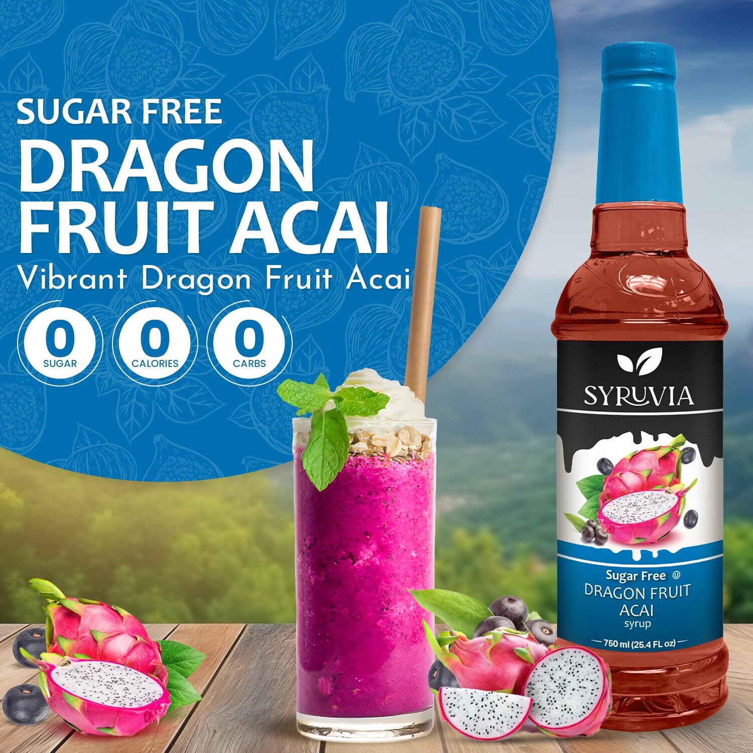 Syruvia Sugar Free Dragon Fruit Acai Syrup 25.4 fl oz, for Drinks & More