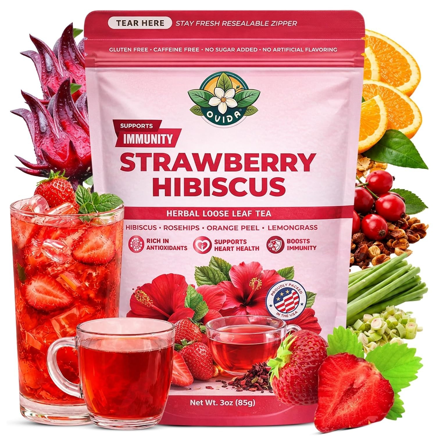 Strawberry Hibiscus Tea, Caffeine-Free Antioxidant Herbal Blend, Loose Leaf 3oz,