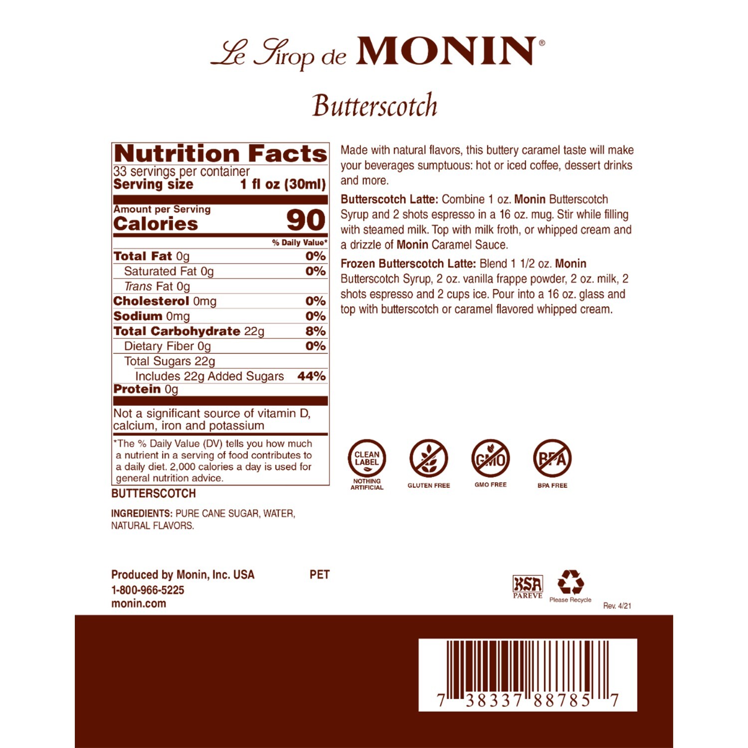 Monin Butterscotch Syrup – Bottle (1L), H-Butterscotch, 1.0L