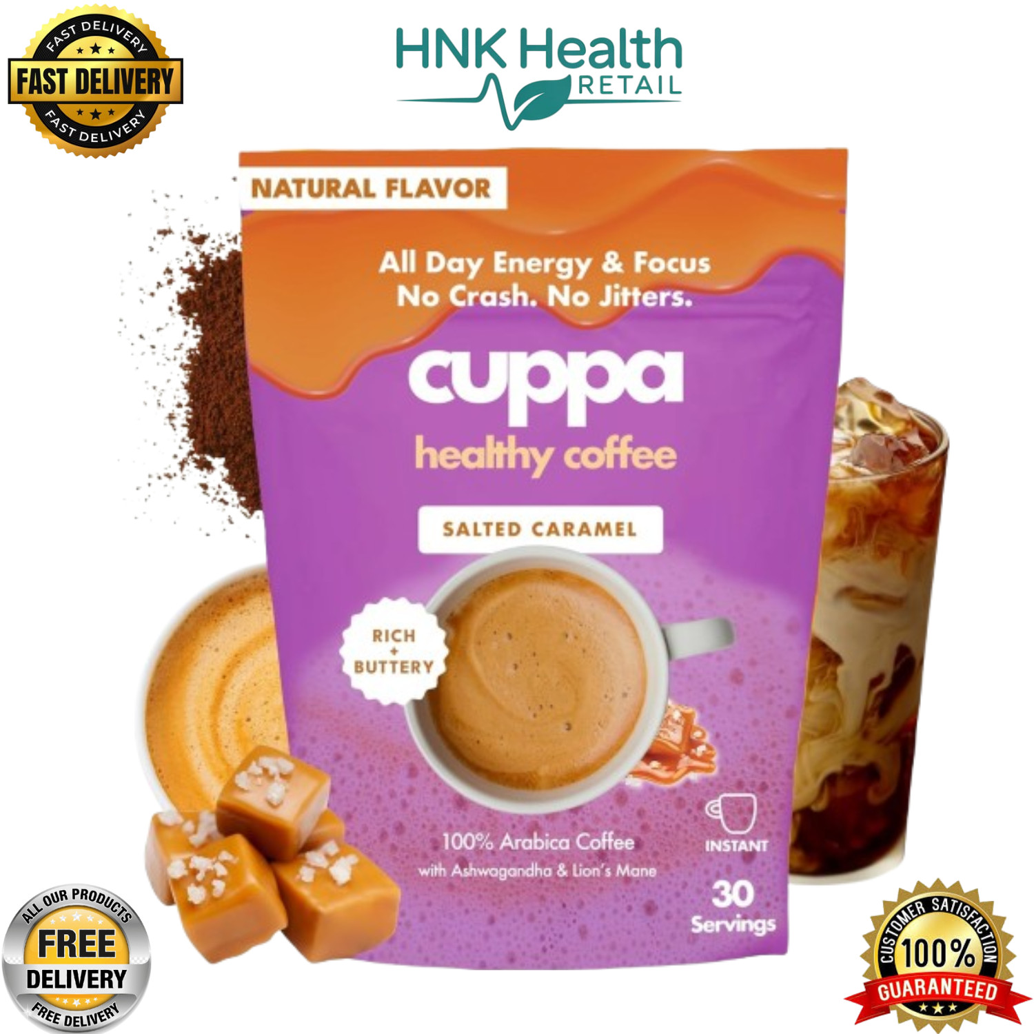Cuppa Salted Caramel Mushroom Coffee with Adaptogens & Superfoods – 30 Servings