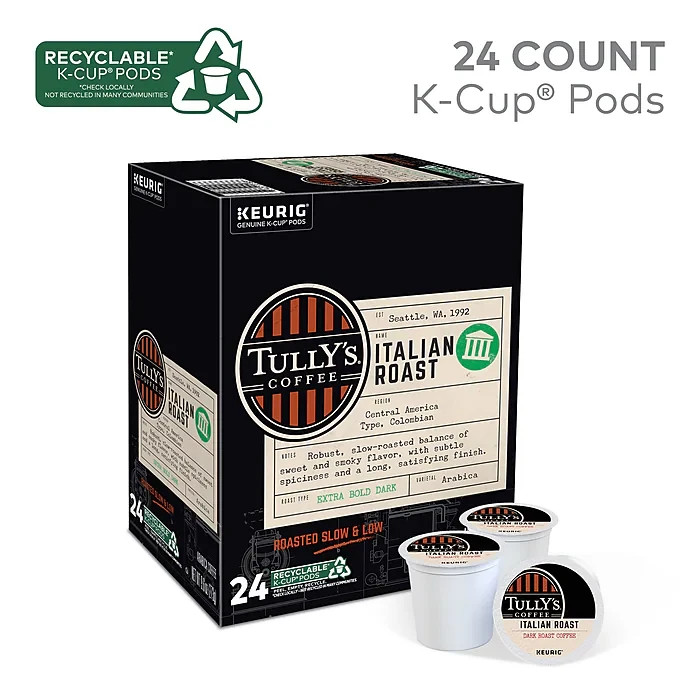 96 Tully’s Italian Roast Coffee Keurig Single-Serve K-Cup Pods Dark Roast 96 Ct.