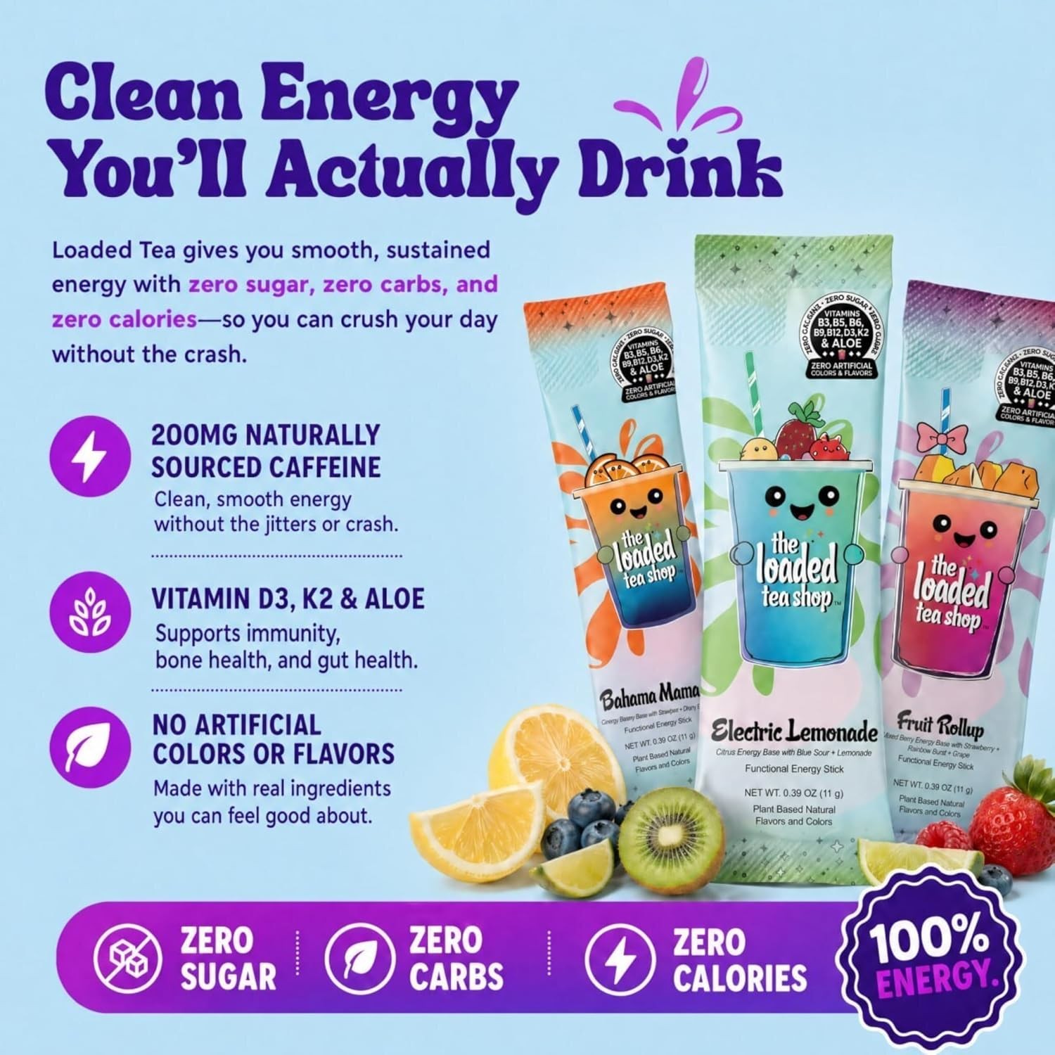 The Loaded Tea Shop Energy Drink Mix Sticks, Founder’s Favorites 5 Pack, Sugar-F