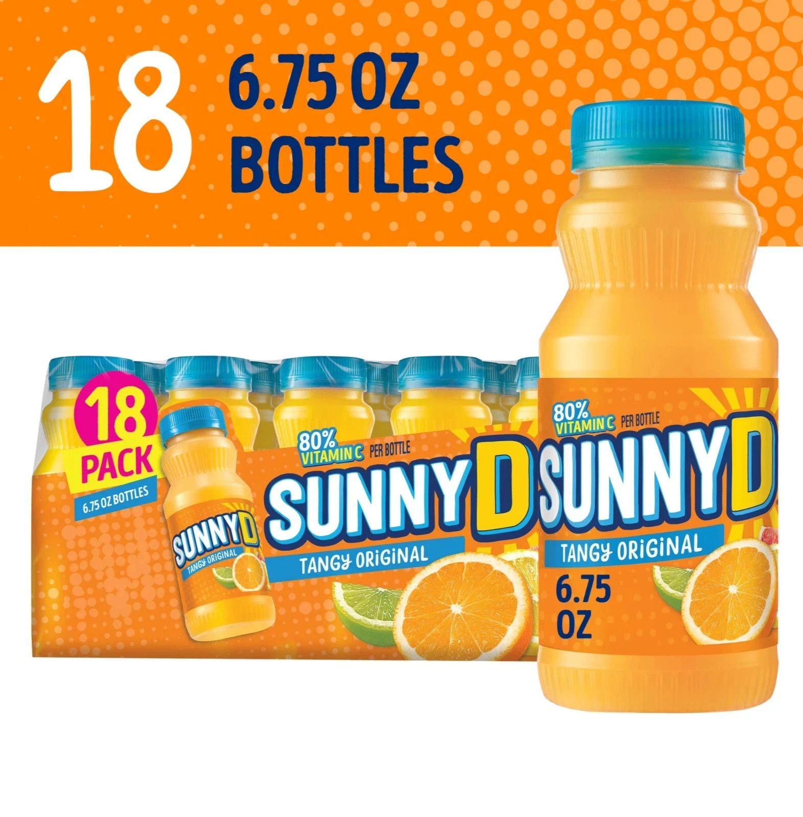 SUNNYD Tangy Original Shelf Stable Orange Juice Drink, 18 Count, 6.75 fl oz Bott