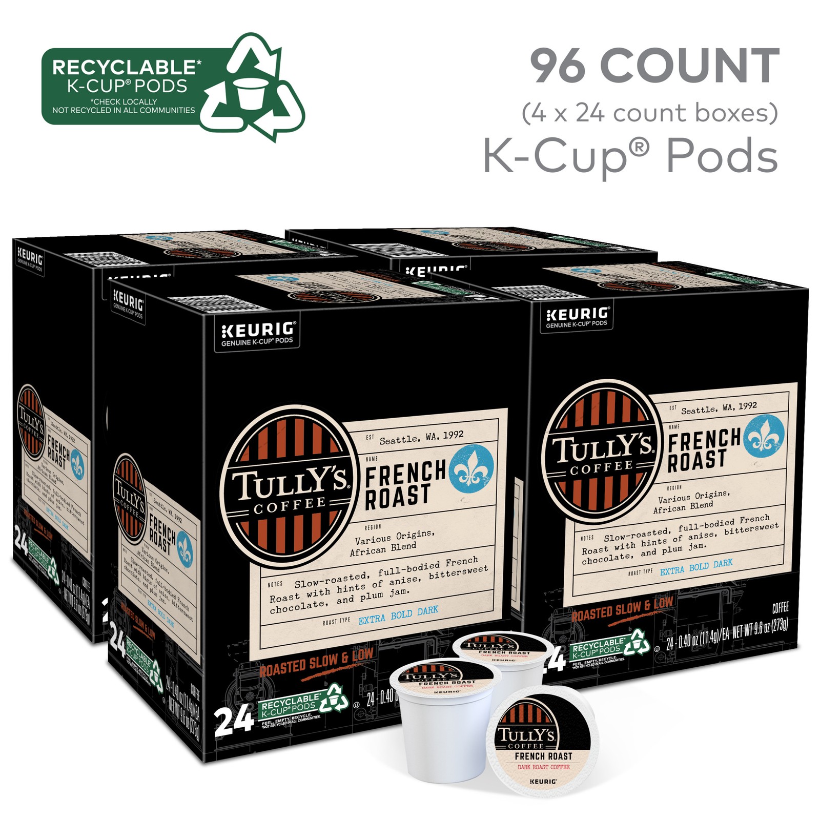 Tully’s Coffee, French Roast, Keurig K-Cup Pods, Dark Roast, 96 Count
