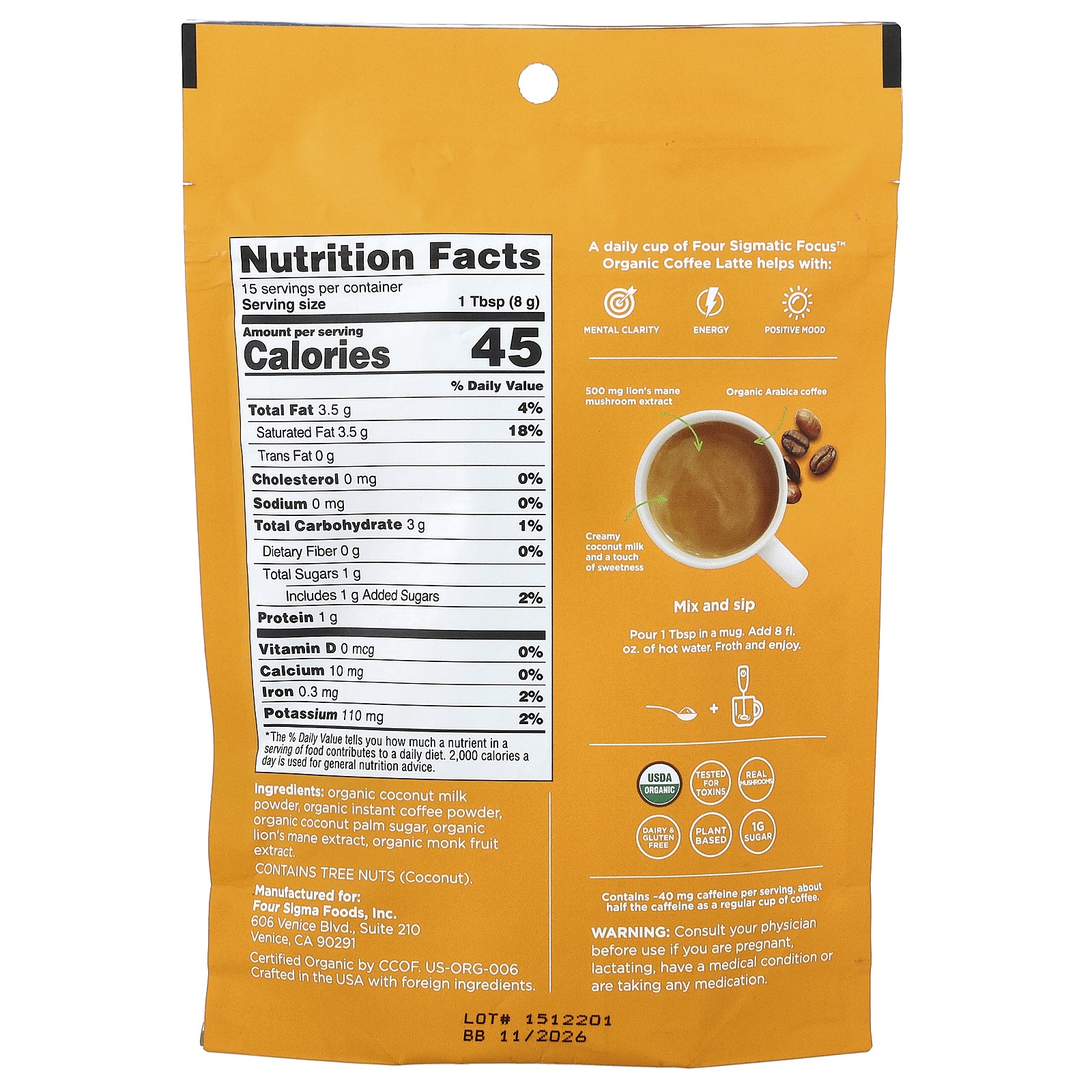 Focus, Organic Instant Coffee Latte With Lion’s Mane Mushroom, Original, 4.23 oz