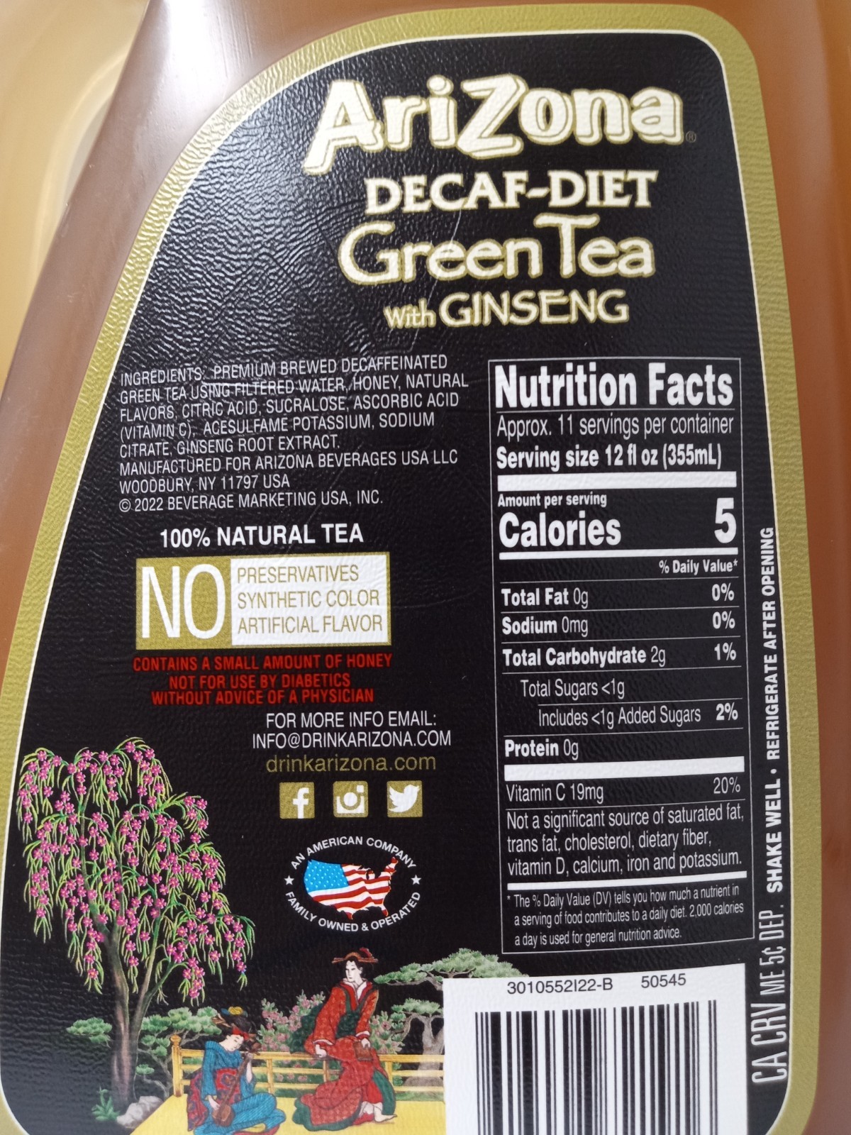 AriZona Decaf-DIET Green Tea with Ginseng, Honey & FIVE Calories, 128 Fl Oz