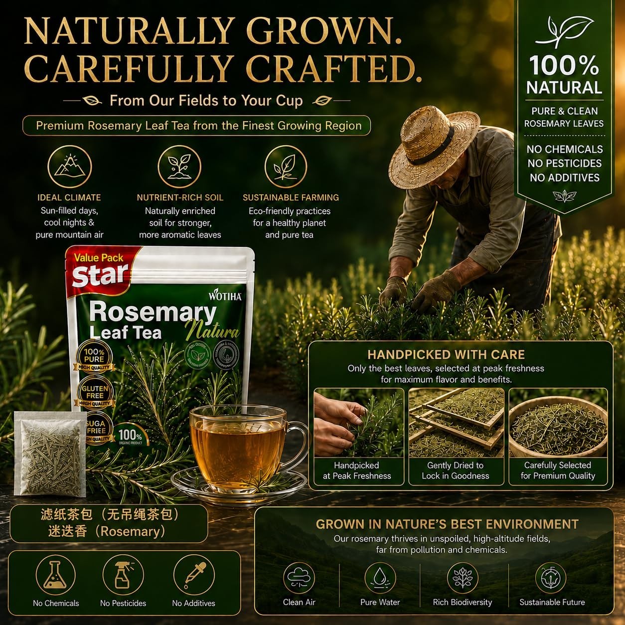 60 Count Premium Rosemary Leaf Tea Bags – 100% Pure Natural Rosemary Leaves