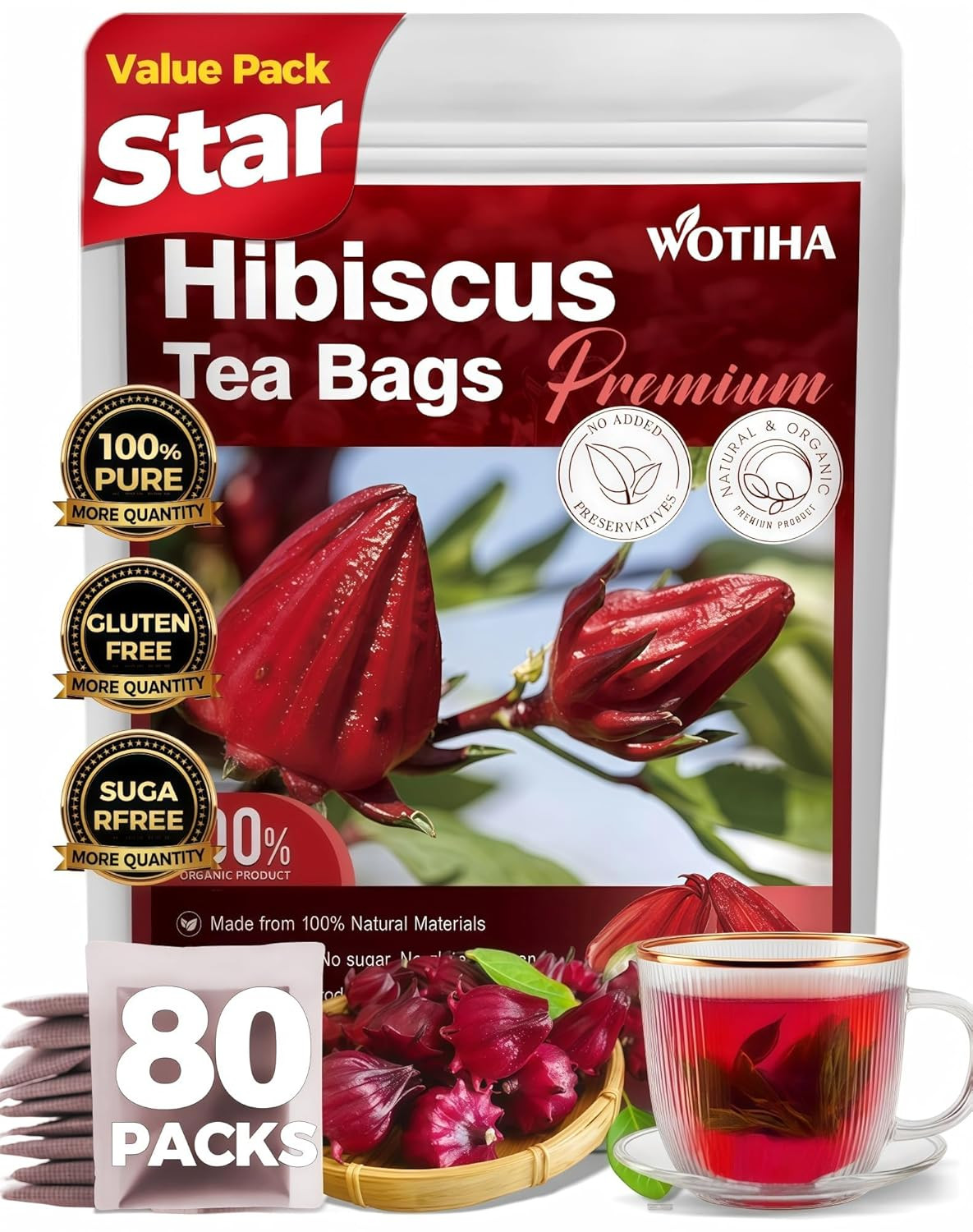 Premium 80 Hibiscus Flower Tea Bags (Flor De Jamaica) – 100% Natural, Tart & Ref