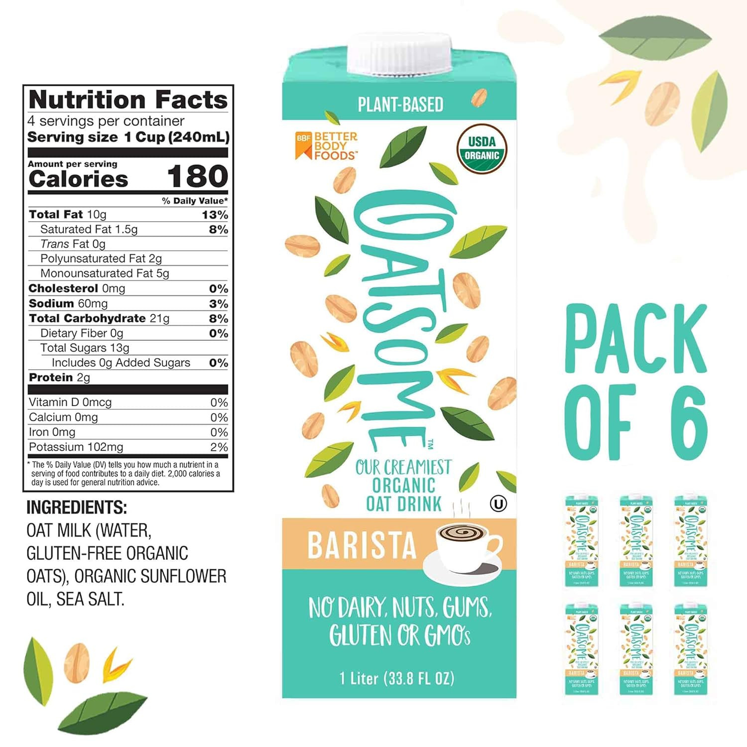 Oatsome Organic Oat Milk, Barista Blend, Gluten-Free, Dairy-Free (6 Pack), 33.8