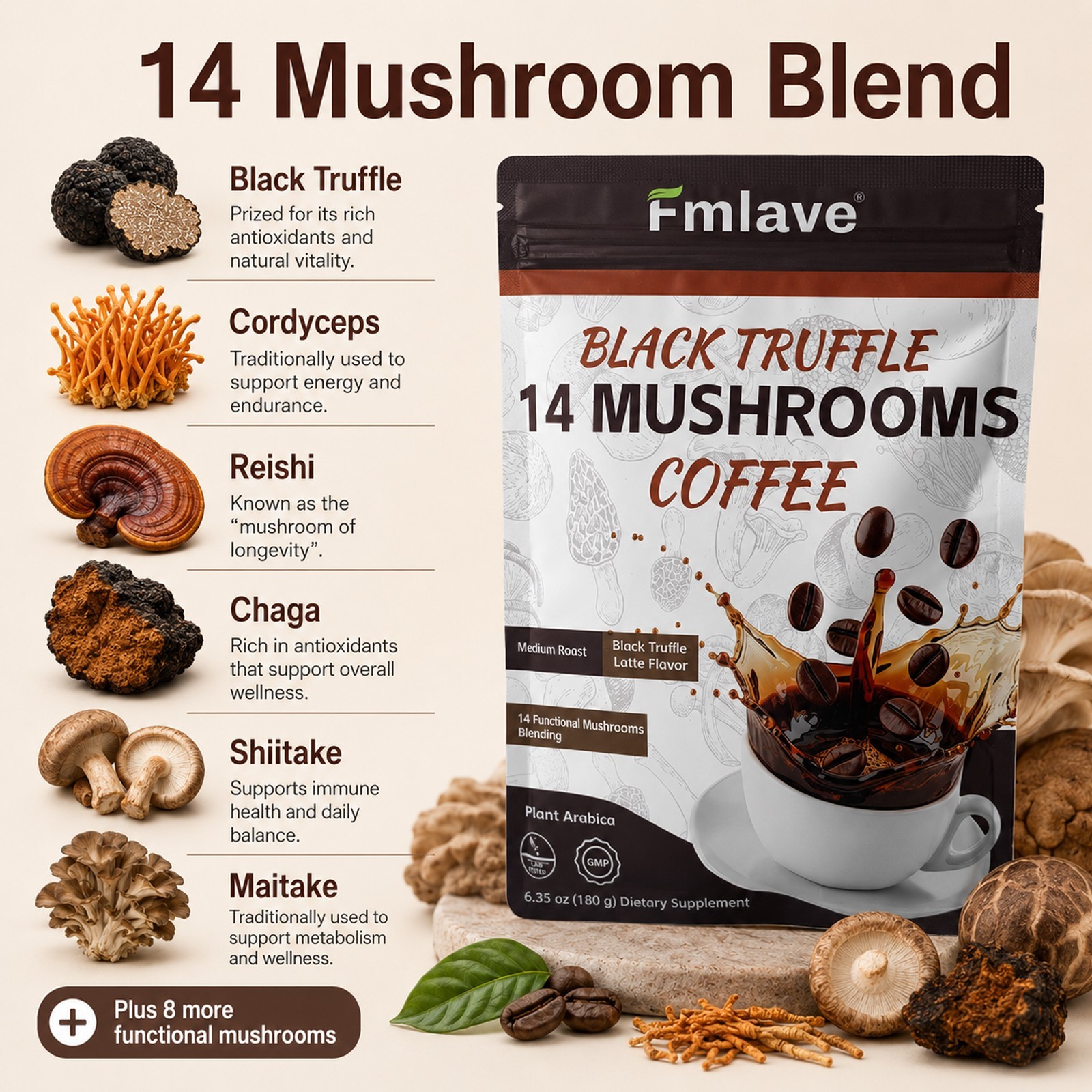 14 in 1 Mushroom Coffee Organic Instant Coffee Boost Energy Focus, Bright Smooth