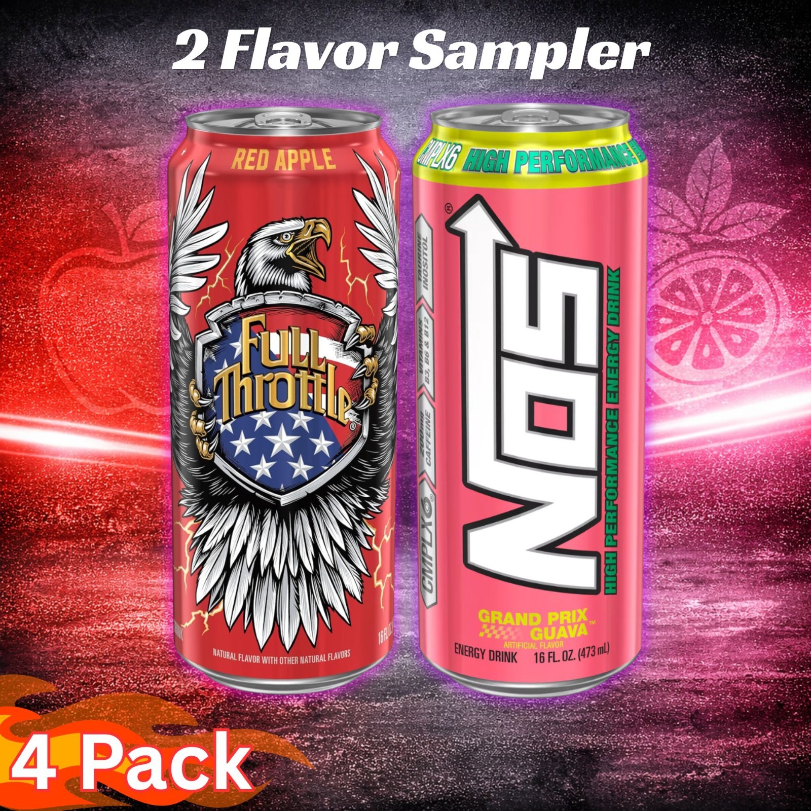 Full Throttle Red Apple + NOS Grand Prix Guava – 2 Flavor Sampler – 4/6/12 Pack