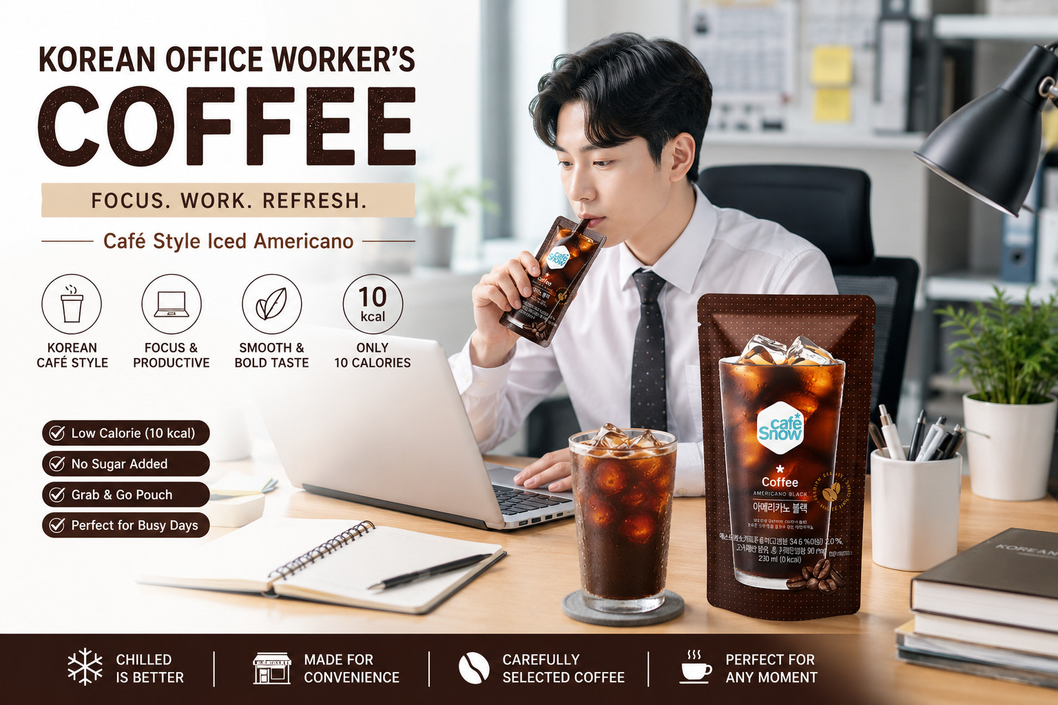 Cafe Snow Korean Iced Americano Coffee Pouch Drink 230ml 10 Pack Low Calorie