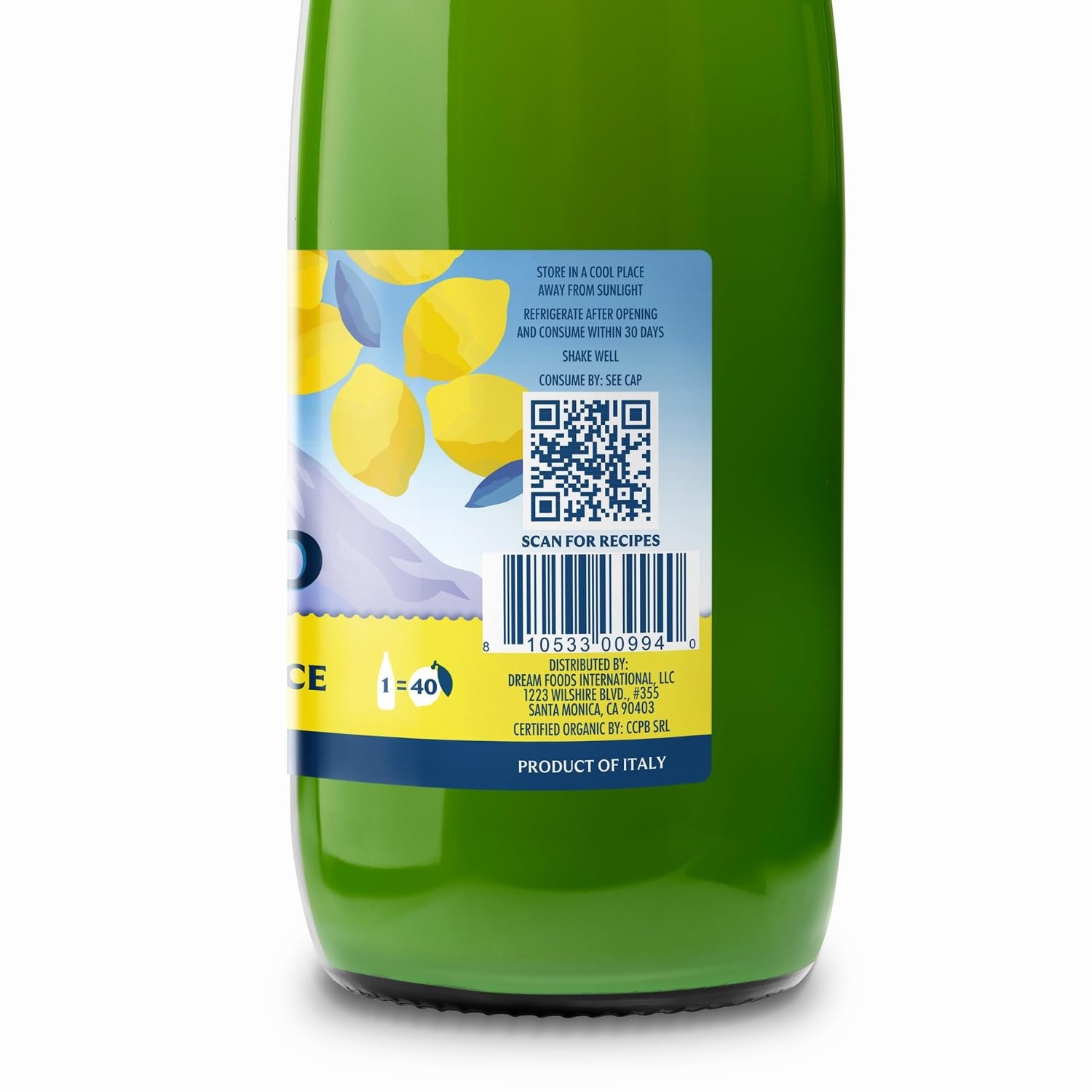Italian Volcano Organic 100% Lemon Juice Glass Bottles, 1 L (33.8 fl oz), 2-pack