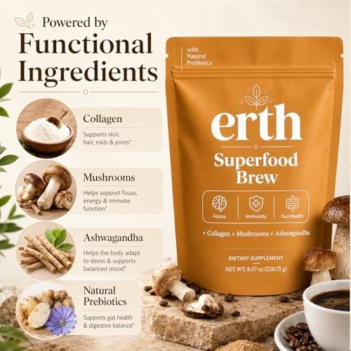 Earth Superfood Brew Coffee, With Collagen Mushroom Ashwagandha Support Focus, G