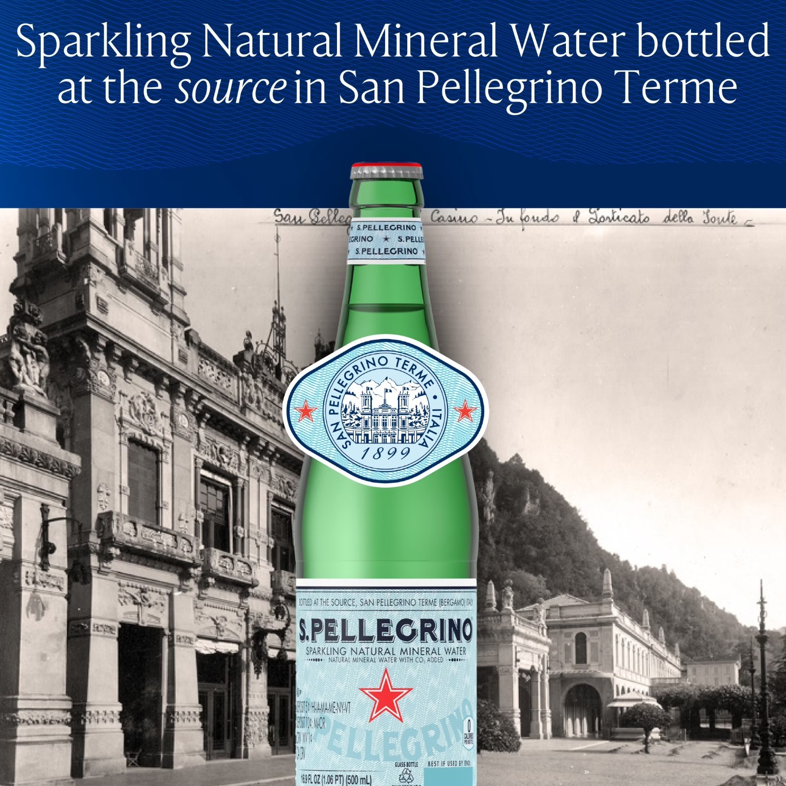 S.Pellegrino Sparkling Natural Mineral Water, 8 Pack 16.9 fl oz glass bottles.