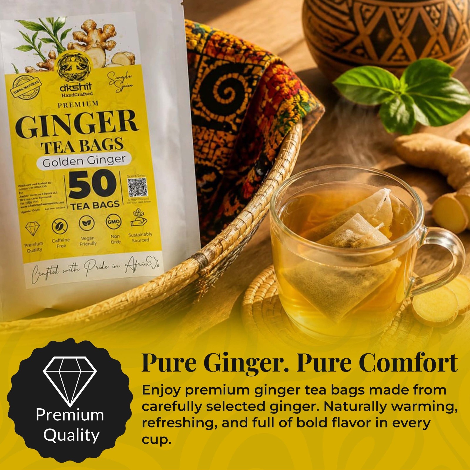 50 Ginger Tea Bags, 100% Natural Ginger Herbal Tea, Caffeine Free, No Additive