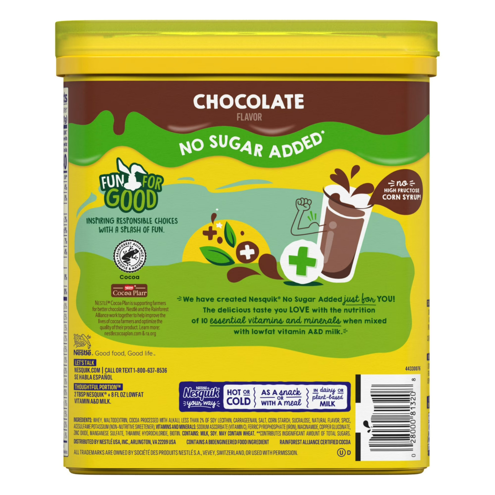 Nestle Nesquik No Sugar Added Chocolate Powder, 16 oz, Can, Makes Instant Chocol