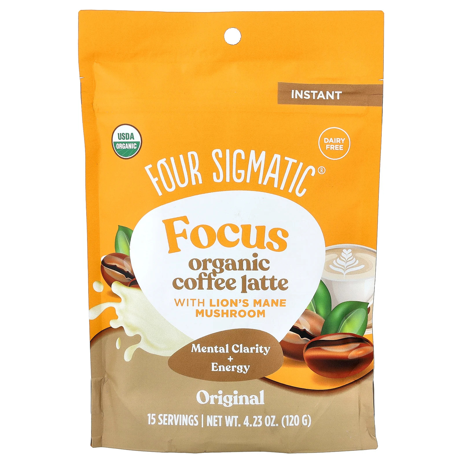 Focus, Organic Instant Coffee Latte With Lion’s Mane Mushroom, Original, 4.23 oz