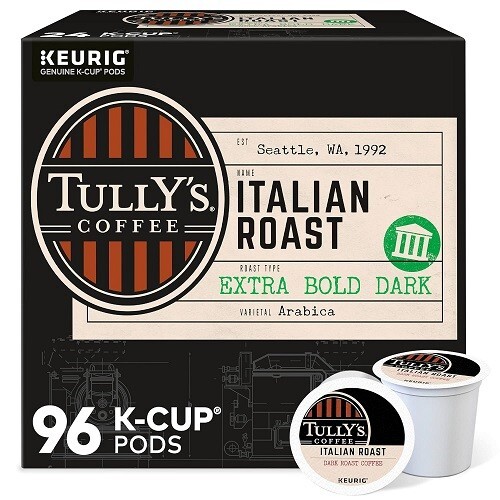 Tully’s Italian Roast Coffee Keurig K-Cup Pods, Dark Roast, 96 Count.