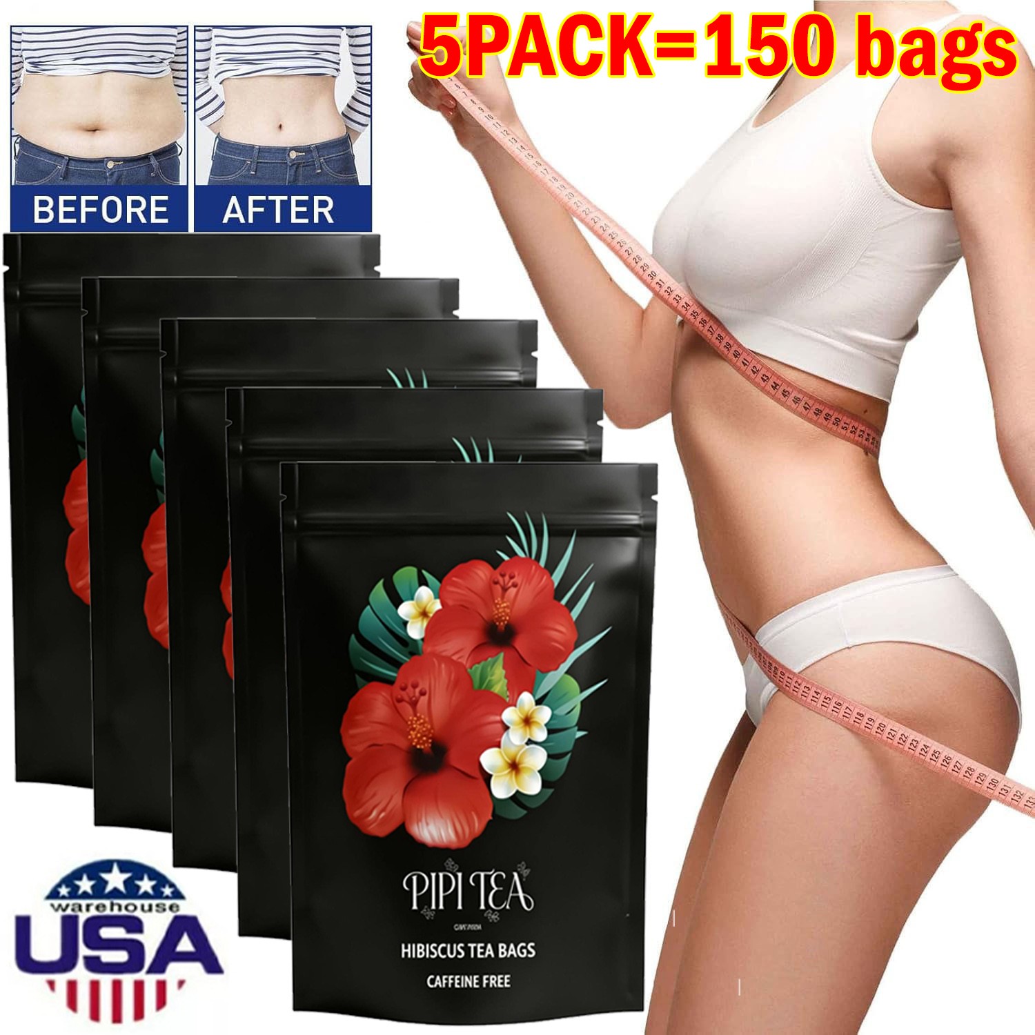 5X PiPi Tea Organic Hibiscus Tea Bags – Caffeine Free Herbal Tea Rich in Antioxi