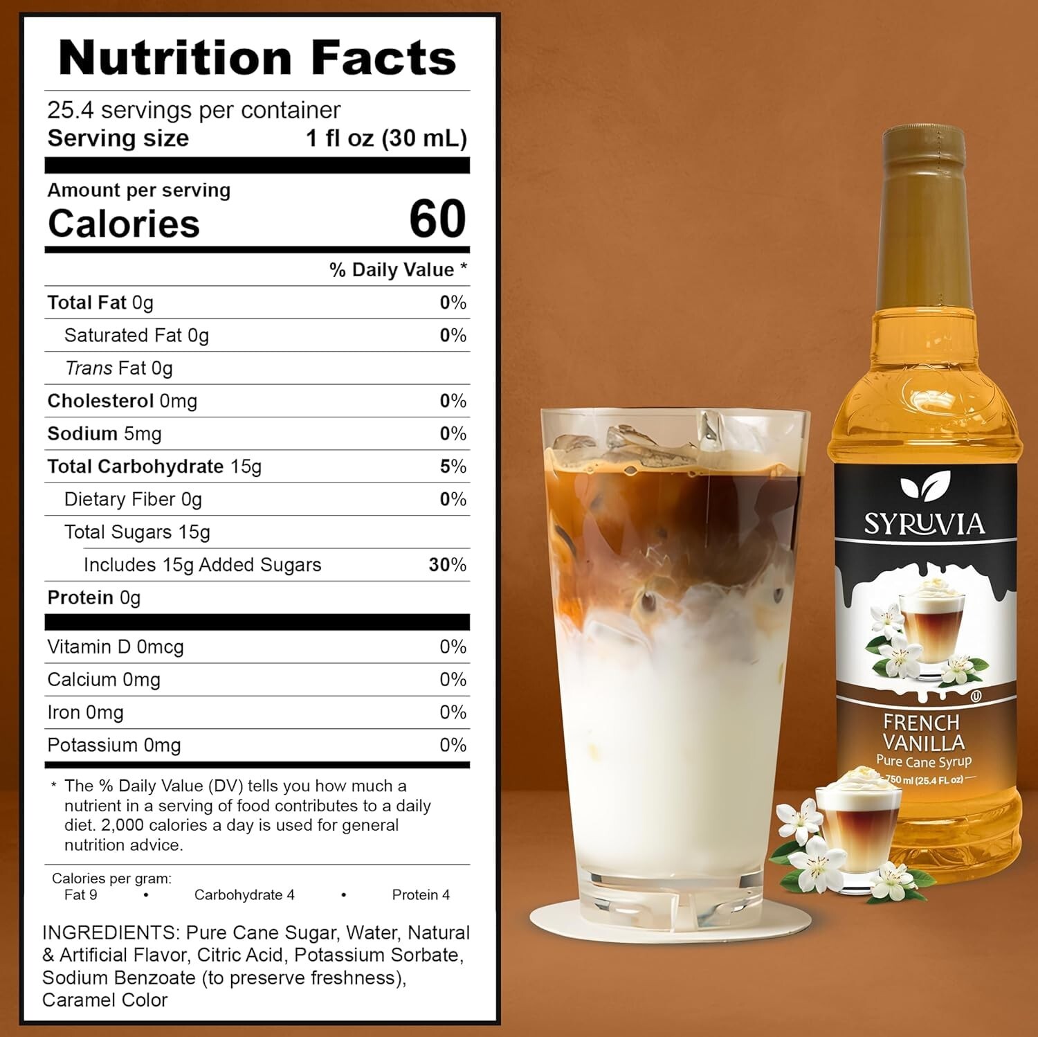 Syruvia French Vanilla Syrup 25.4 fl oz, Kosher, Gluten-Free, Perfect for Coffee