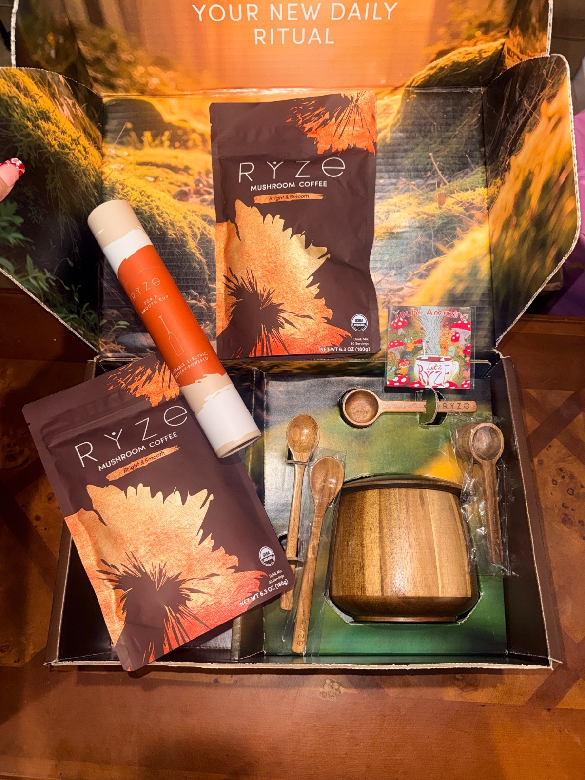 NEW Ryze Items. Regular Roast Mushroom Coffee, Acacia Jar, Frother, Spoon Scoop+