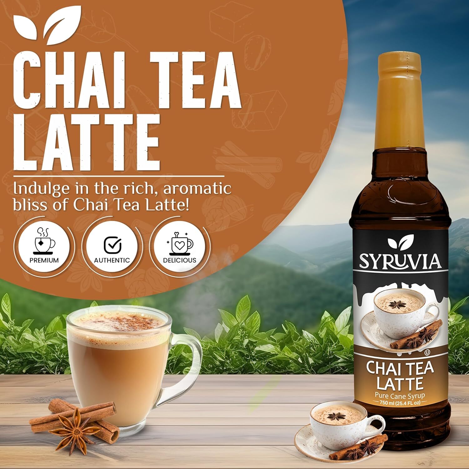 Syruvia Chai Tea Syrup 25.4 fl oz, Kosher, Gluten-Free for Coffee & More