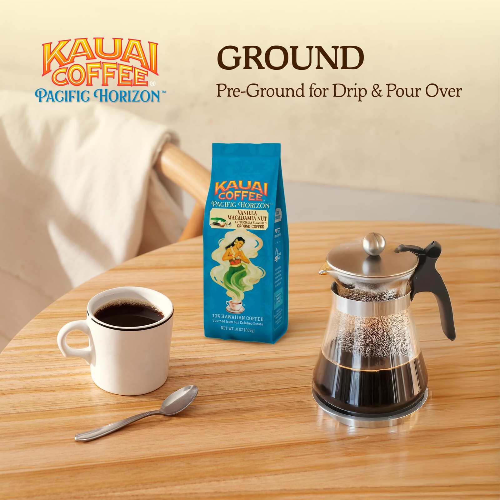 Kauai Hawaiian Ground Coffee, Vanilla Macadamia Nut Flavor 10 oz Bag