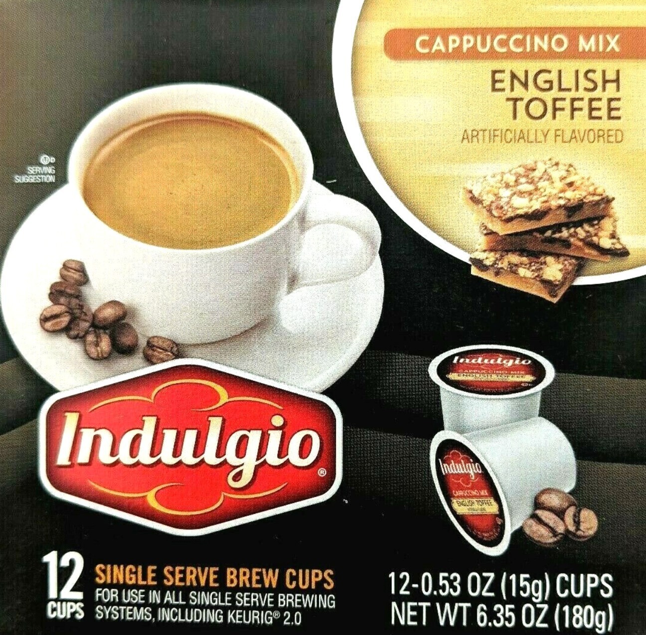 12 Indulgio ENGLISH TOFFEE Cappuccino K-Cup Coffee Pods Keurig-1 box 2027